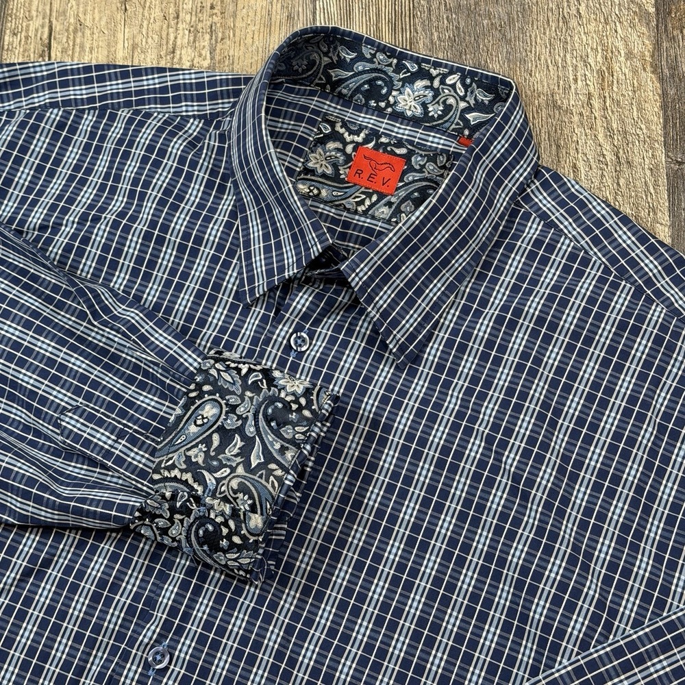 REV Mens XL Blue‎ Plaid Button Down Shirt Paisley Trim Long Sleeve Flip Cuff